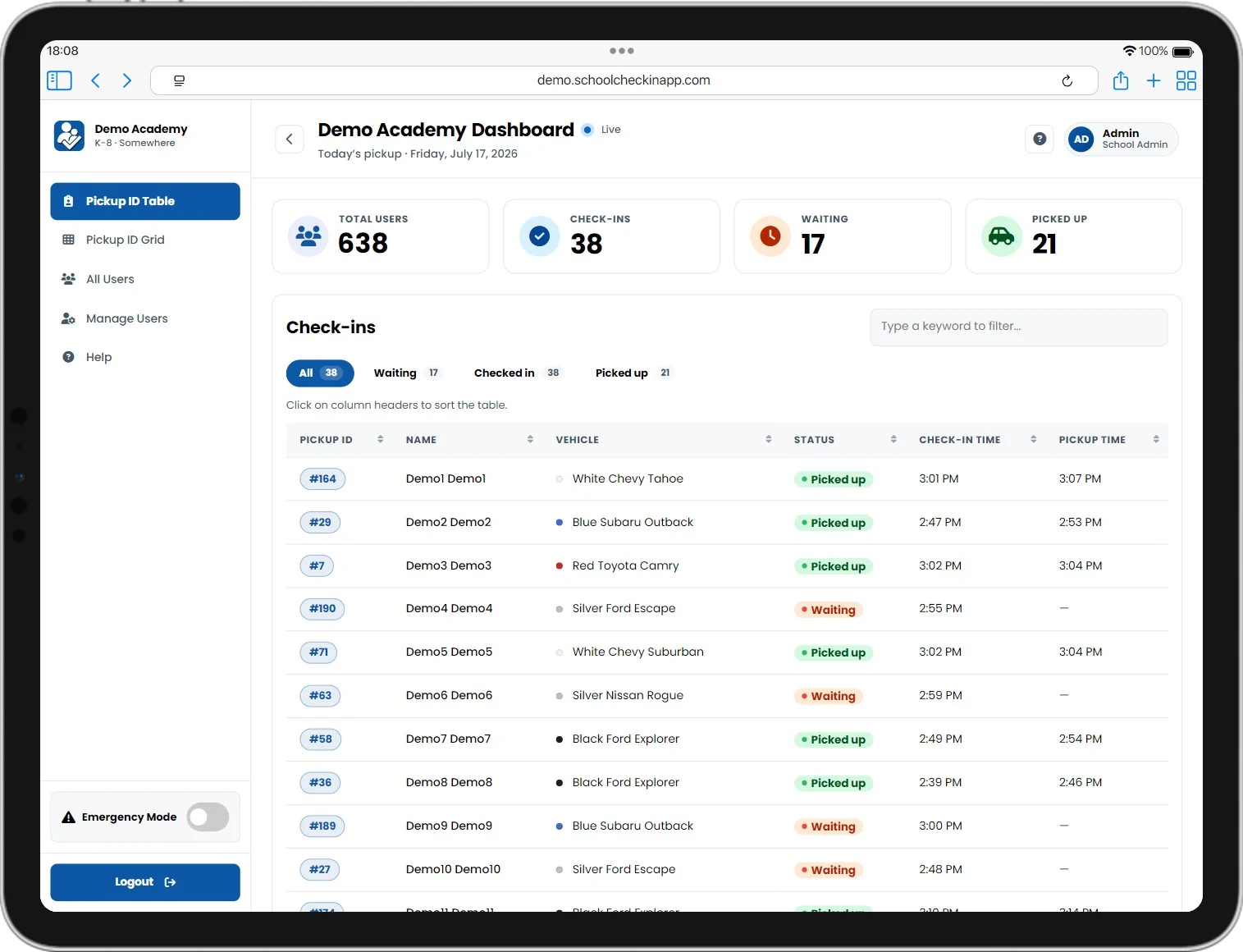 Admin dashboard: live check-in table listing pickup ID, name, vehicle, status and pickup times