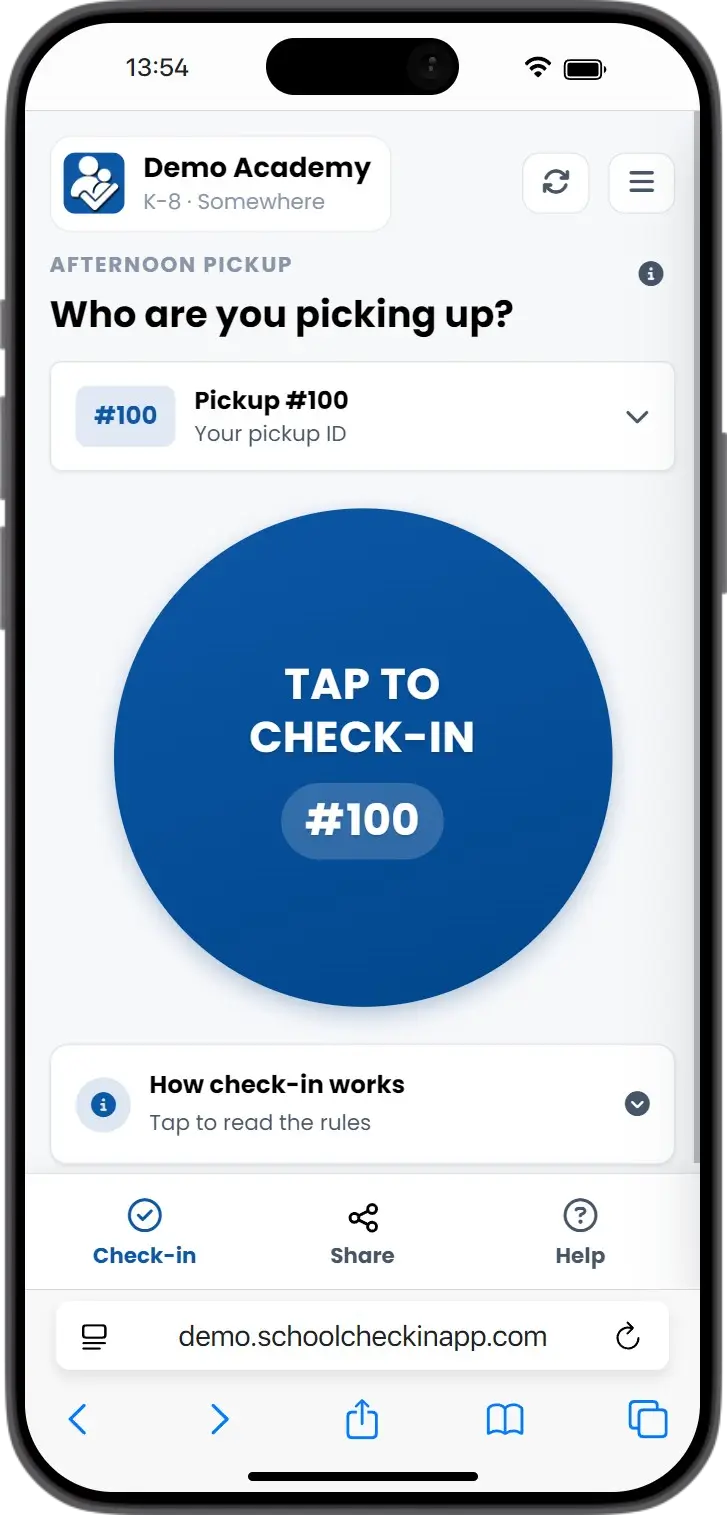 Parent app: one-tap check-in button for pickup ID #100