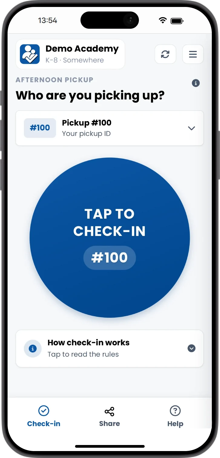The School Check-In app open on a phone, showing the tap-to-check-in button for pickup #100